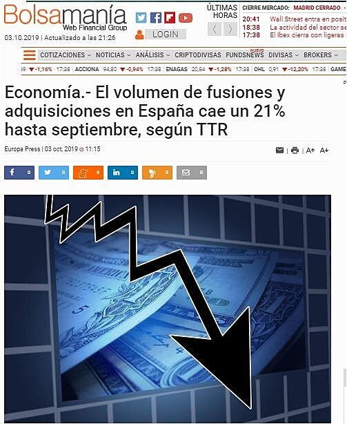 El volumen de fusiones y adquisiciones en Espaa cae un 21% hasta septiembre, segn TTR